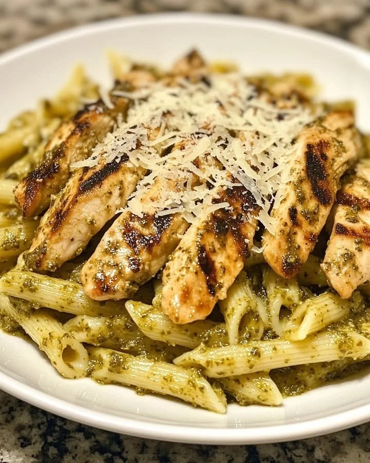 Bowl of Chicken Pesto Pasta with chicken pieces and fresh basil