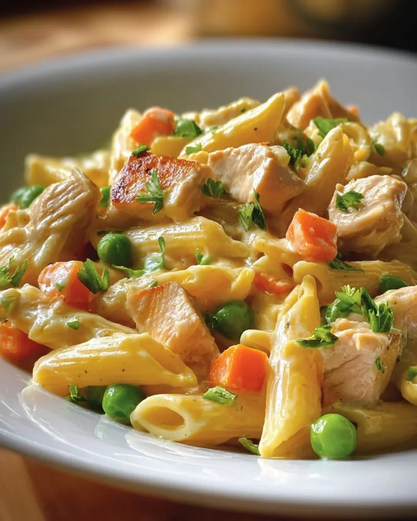 Delicious Chicken Pot Pie Pasta topped with herbs and served in a bowl