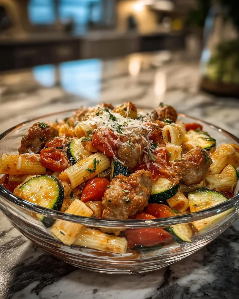 Chicken sausages with zucchini, tomatoes, and pasta in a delicious dish