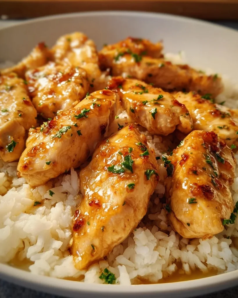 Plate of Chicken Scampi with Garlic Parmesan Rice ready to serve