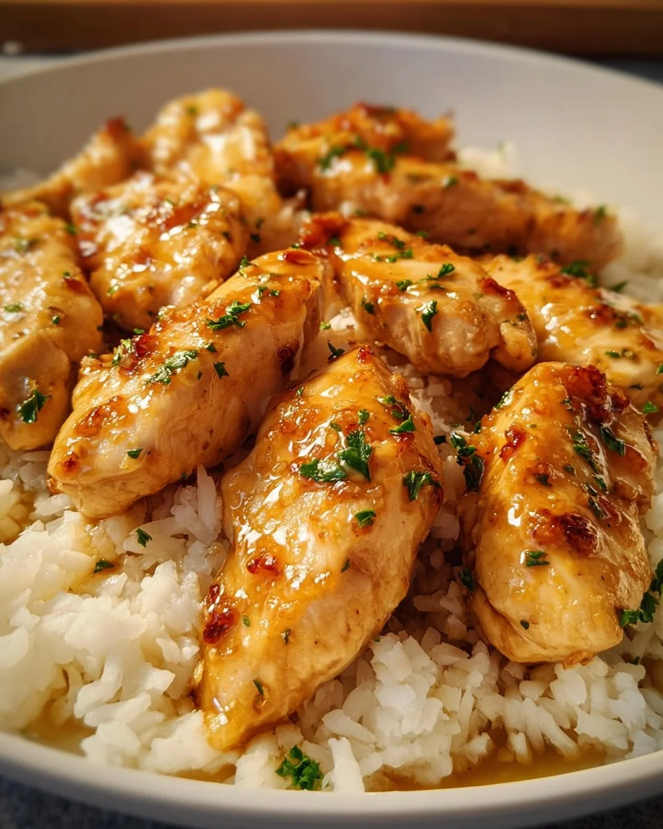 Plate of Chicken Scampi with Garlic Parmesan Rice ready to serve