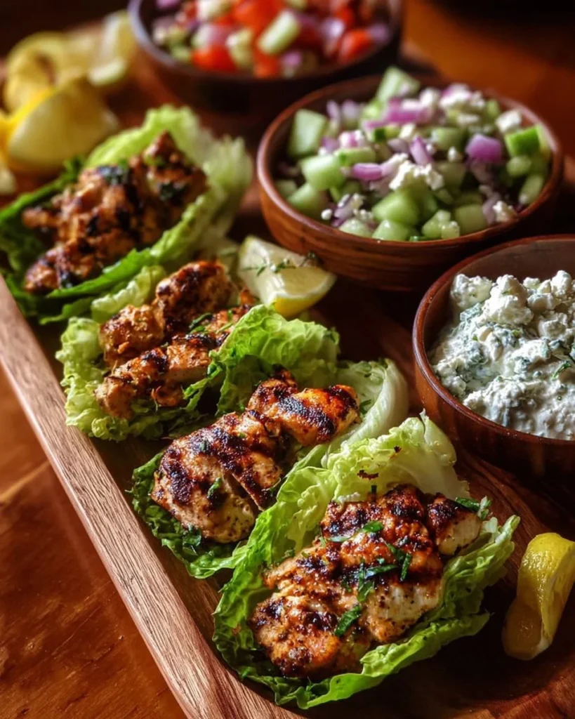 Chicken souvlaki lettuce wraps with fresh ingredients and vibrant presentation