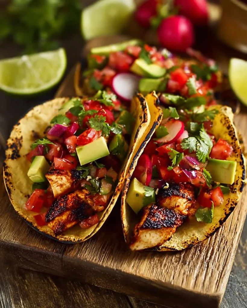 Delicious chicken tacos topped with vibrant strawberry salsa