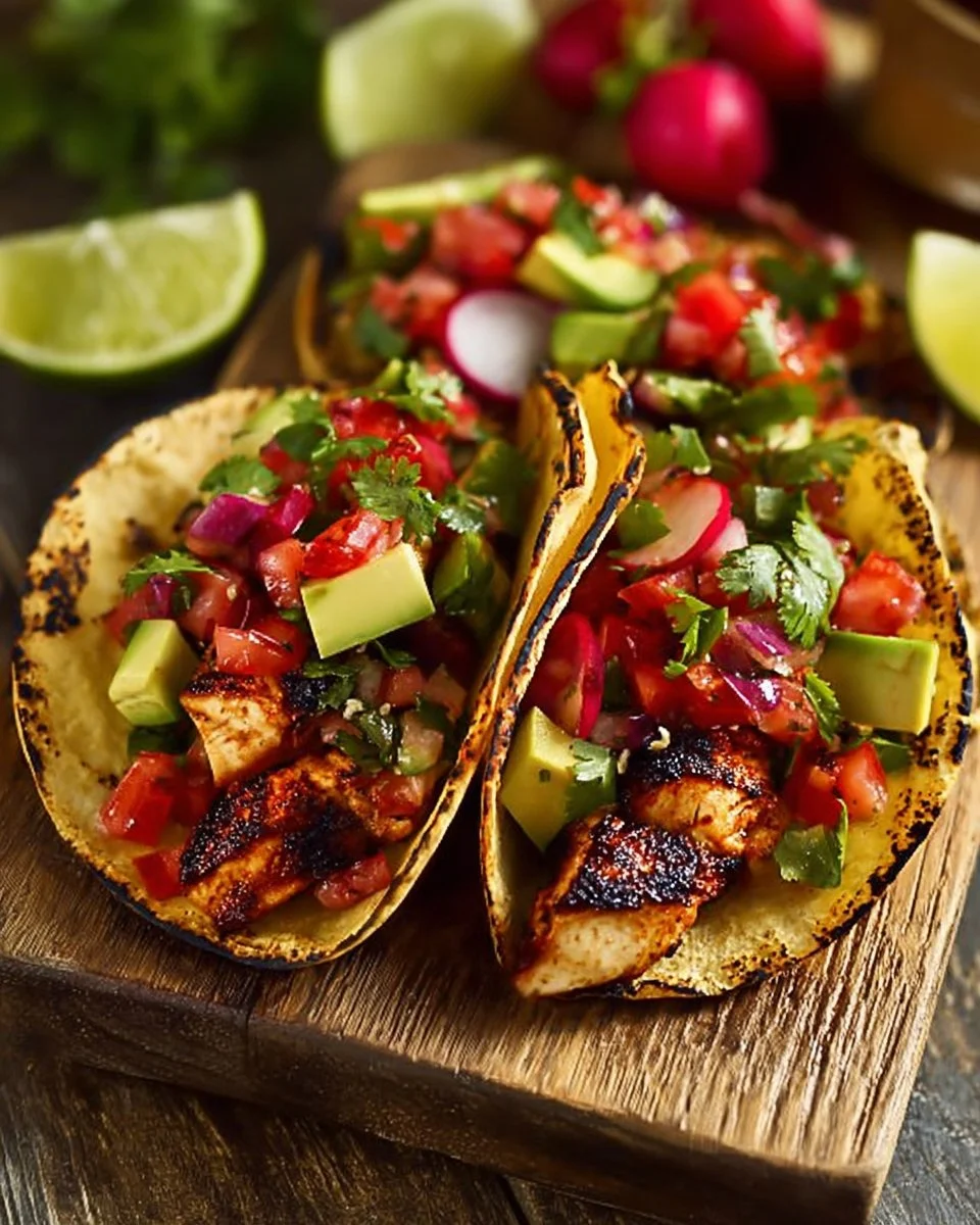 Delicious chicken tacos topped with vibrant strawberry salsa