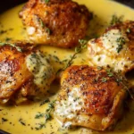 Delicious chicken thighs in creamy mustard sauce served on a plate