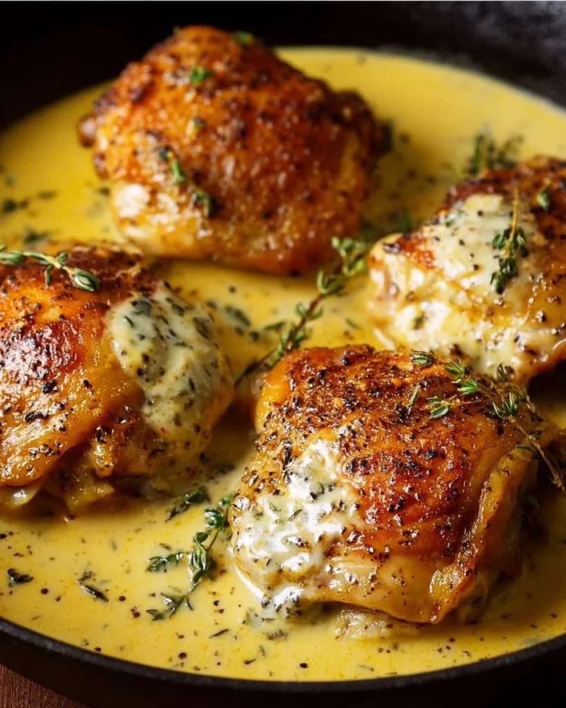 Delicious chicken thighs in creamy mustard sauce served on a plate