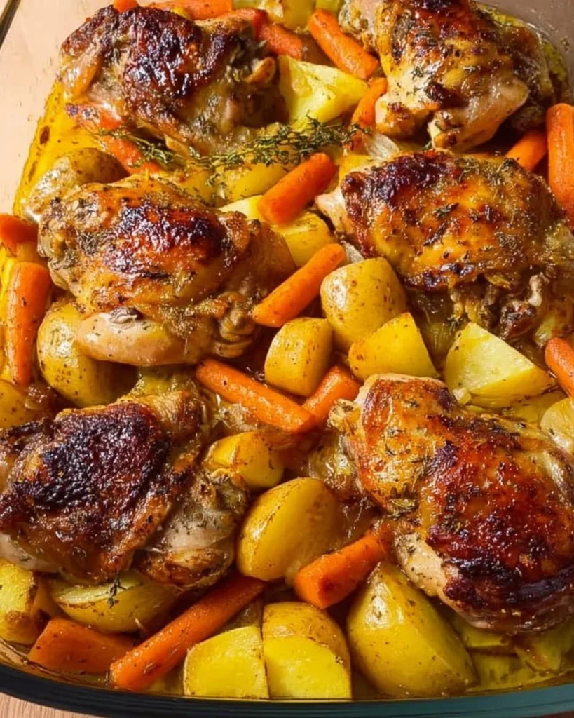Juicy chicken thighs with crispy potatoes on a plate