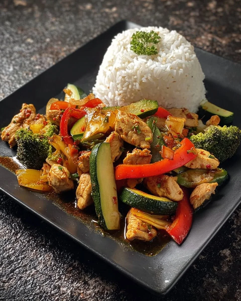 Colorful chicken stir-fry with vegetables and brown rice served in a bowl