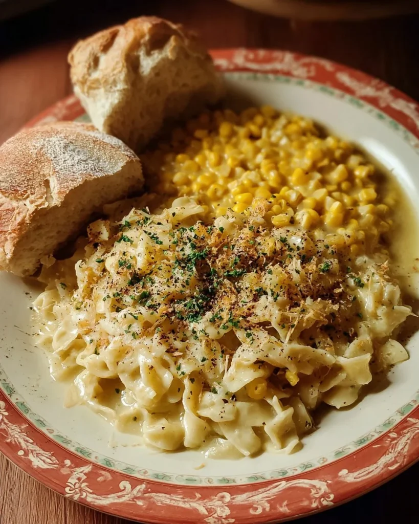Plate of Chicken with Creamed Corn served alongside creamy mashed potatoes