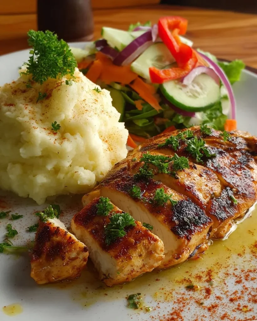 Plate of chicken with mashed potatoes and colorful vegetables