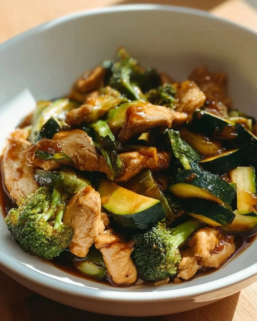 Healthy chicken zucchini stir-fry bowl with vibrant vegetables