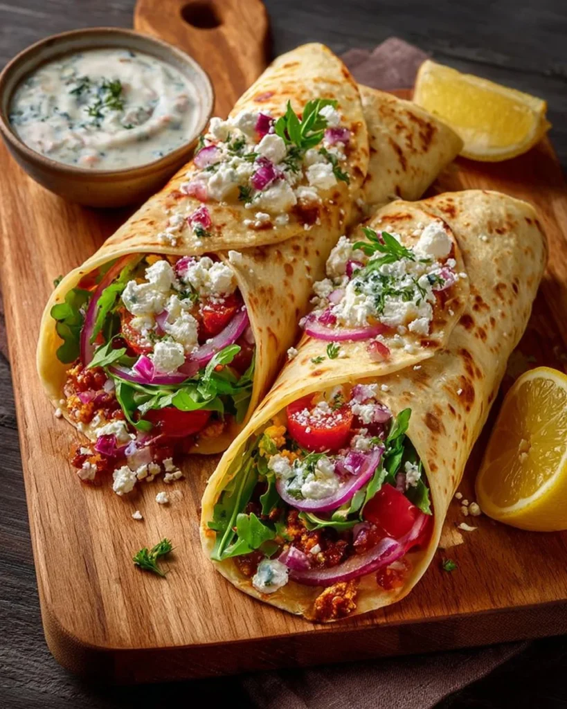 Chickpea and feta wrap served with roasted red pepper yogurt sauce