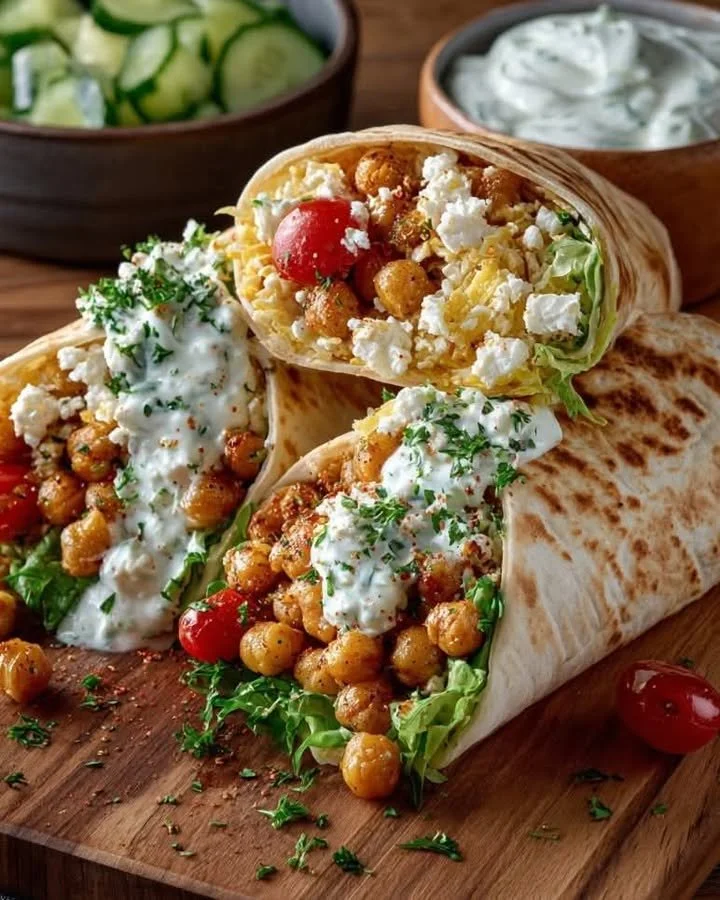 Chickpea and feta wrap garnished with yogurt sauce, healthy vegetarian option