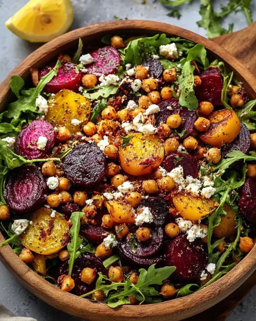 Chickpea, Beet, and Feta Salad in a bowl, colorful and nutritious