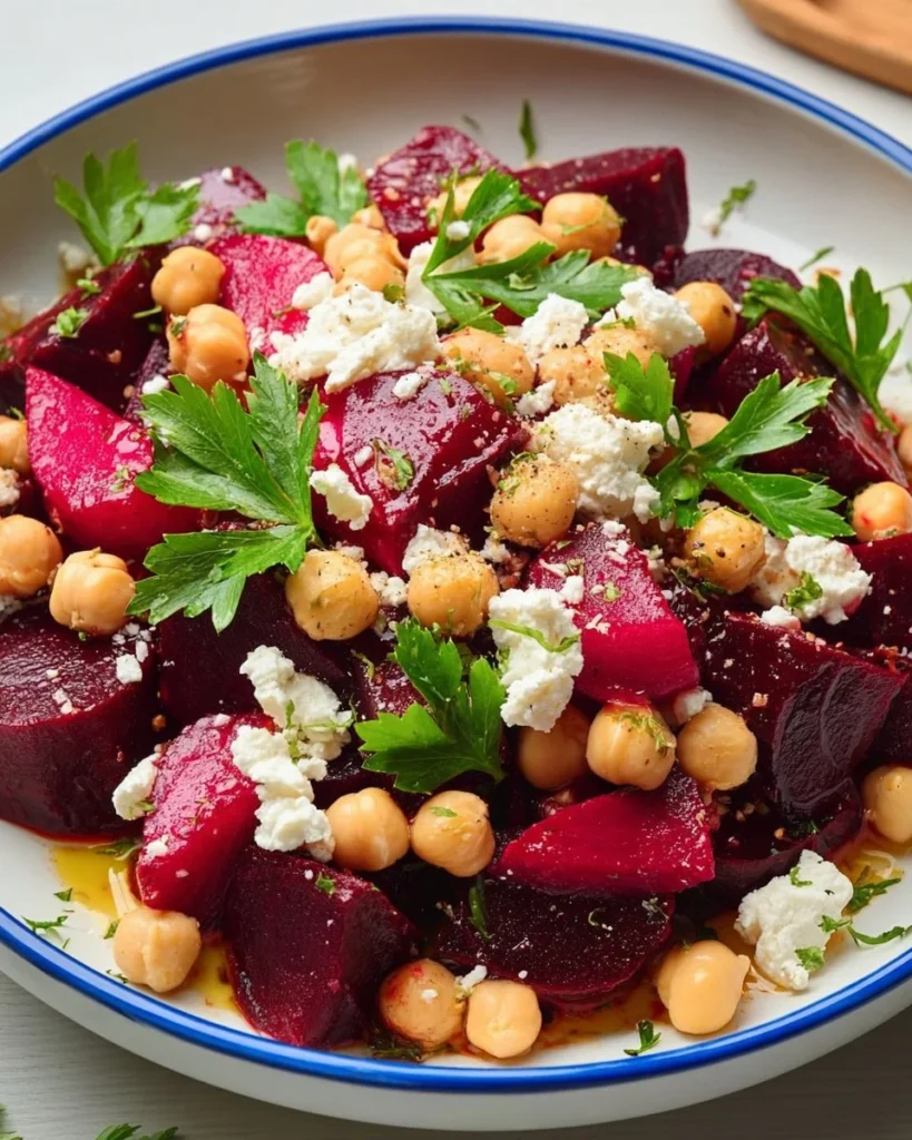 Chickpea salad with beets, feta cheese, and lemon-garlic vinaigrette on a plate