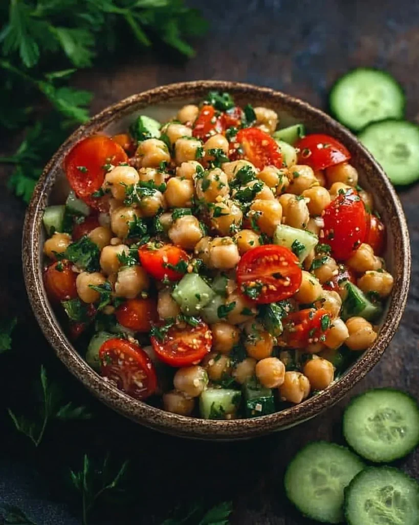 Colorful chickpea salad with fresh vegetables and herbs