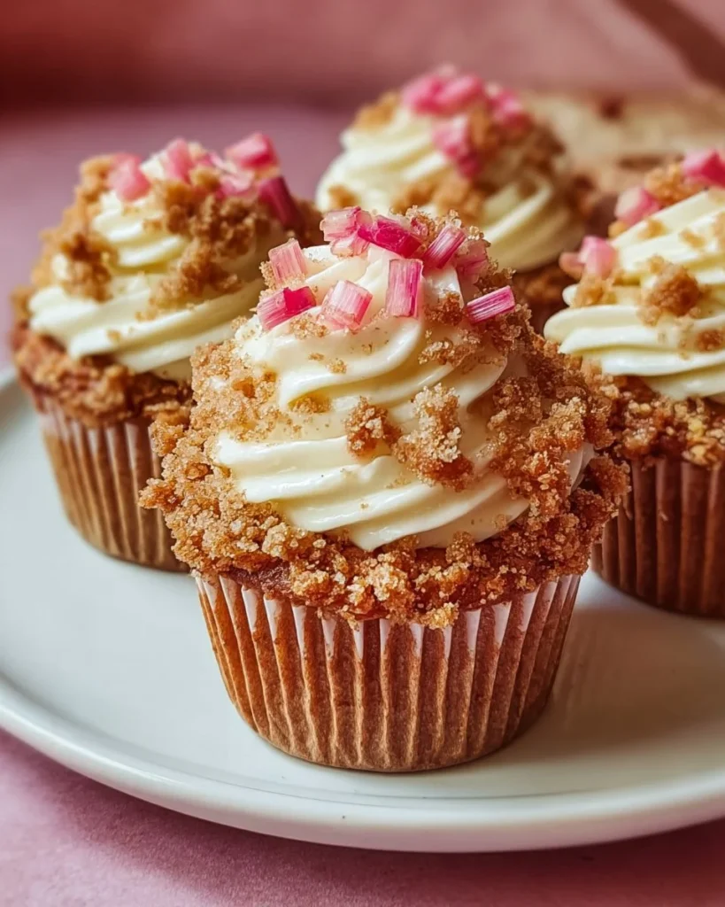 Delicious homemade childhood rhubarb muffins stacked on a plate.