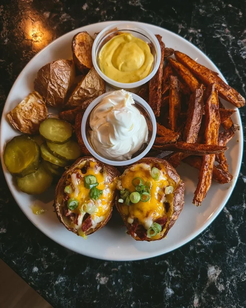 Chili Cheddar Cheese with Garlic Bread Cups and BBQ Steak Fries on a plate