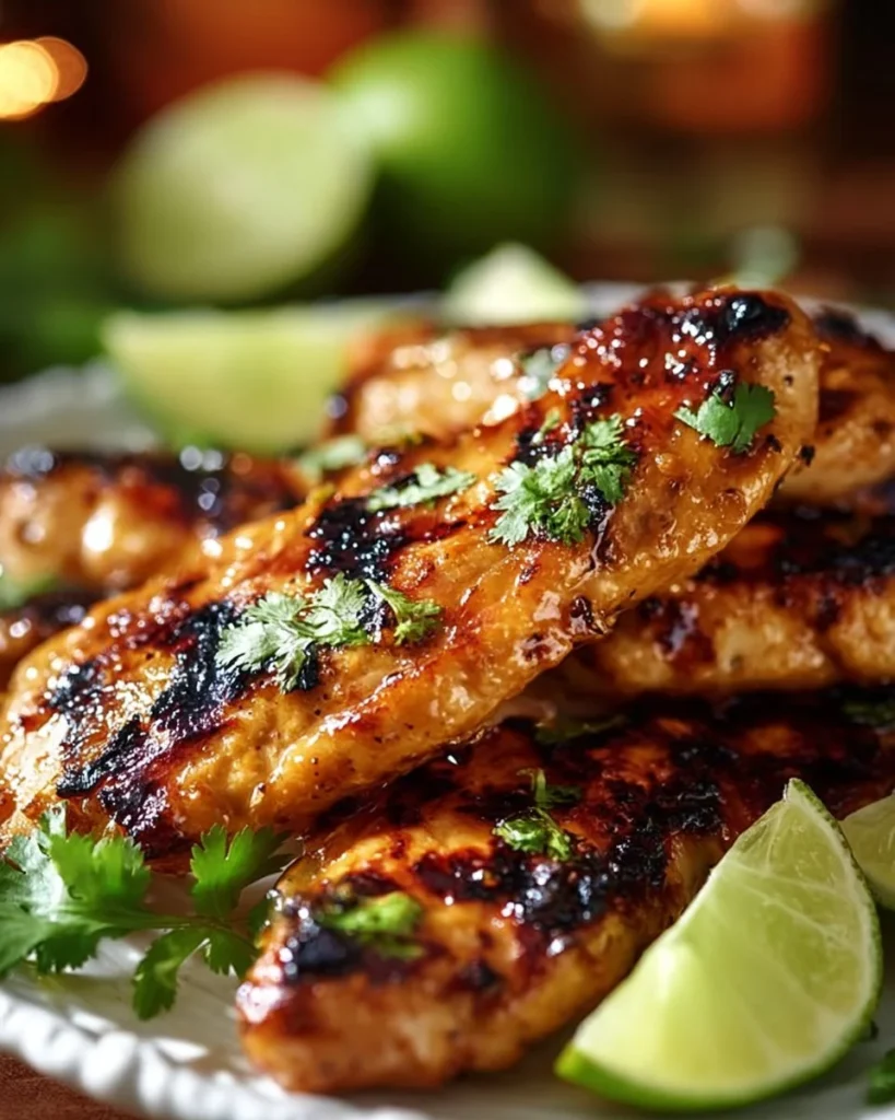 Delicious chili lime chicken strips garnished with lime slices and herbs