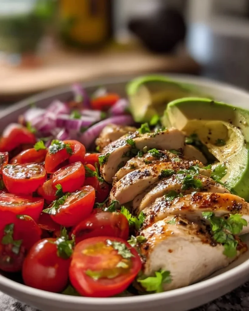Chilli Lime Chicken Salad garnished with fresh vegetables and lime slices