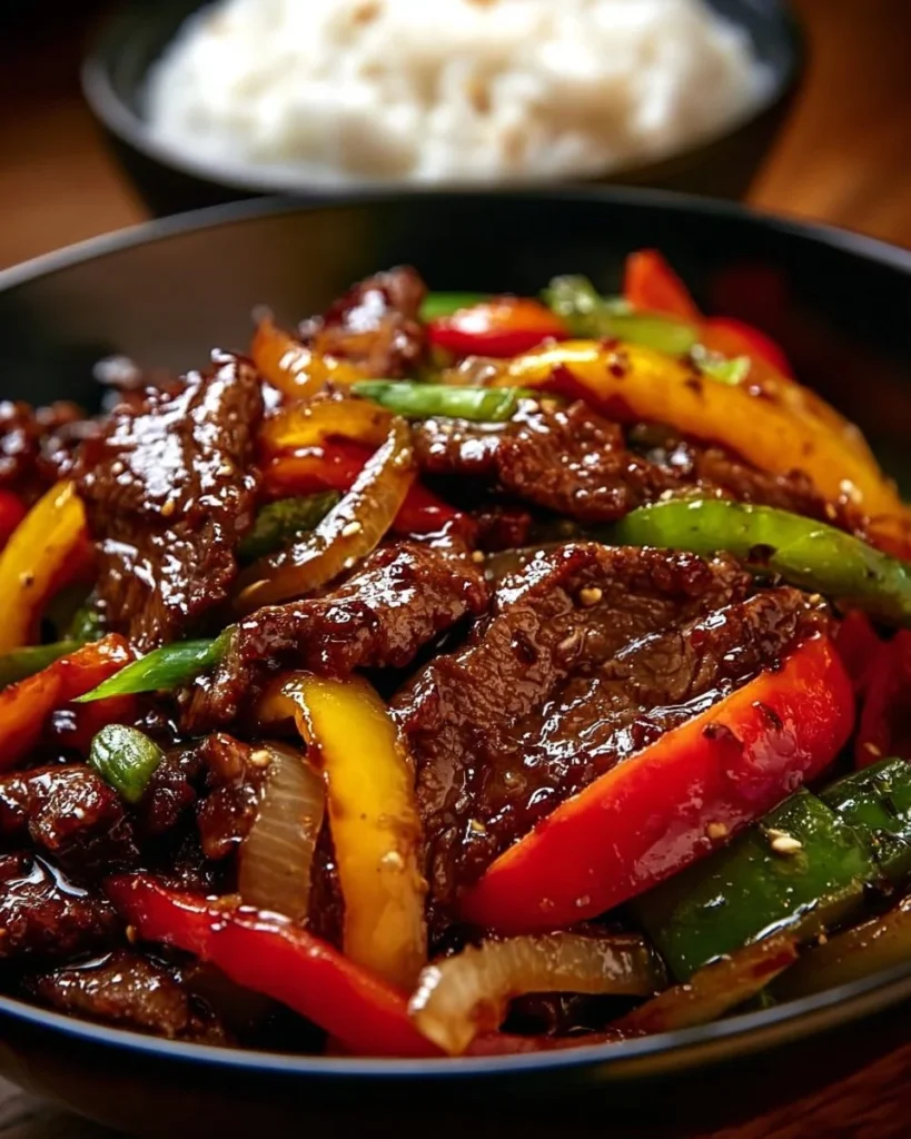 Chinese Pepper Steak Stir-Fry with beef, bell peppers, and onions on a plate