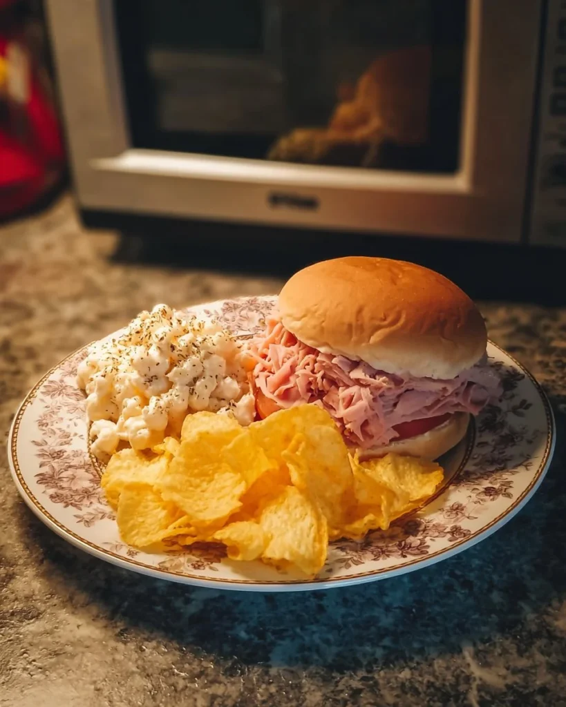 Delicious chipped ham and cheese sandwich on a plate