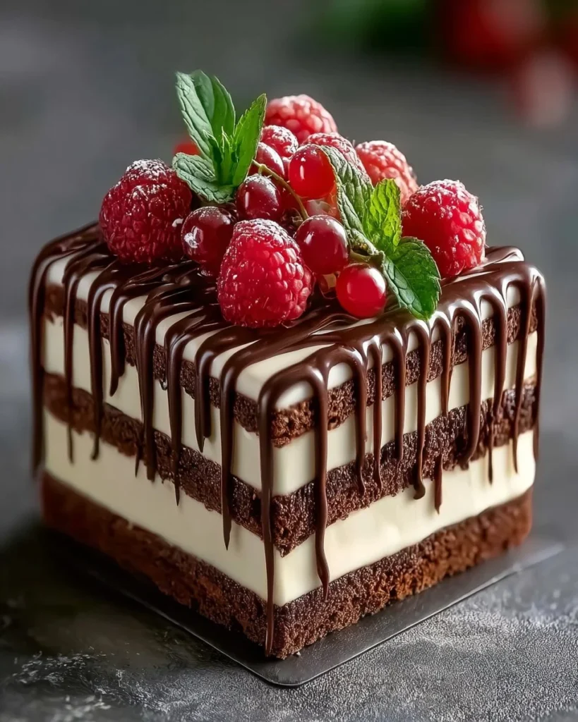 Decadent Choco Trifecta Mousse topped with chocolate shavings and berries.