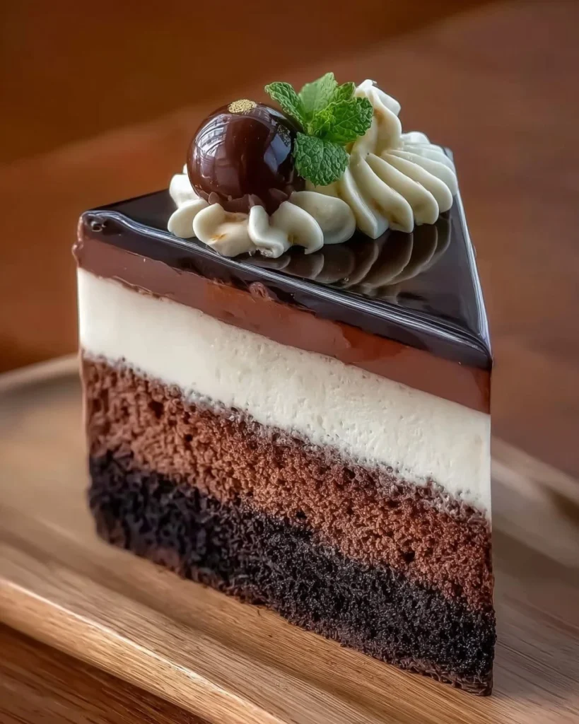 Decadent chocolate mousse dessert with rich triple chocolate layers.