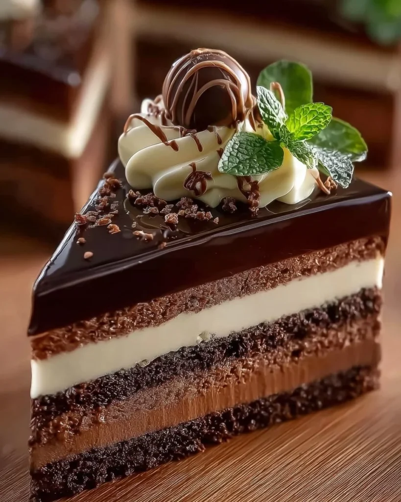 Triple chocolate mousse dessert showcasing a rich, velvety texture in a dreamlike presentation.