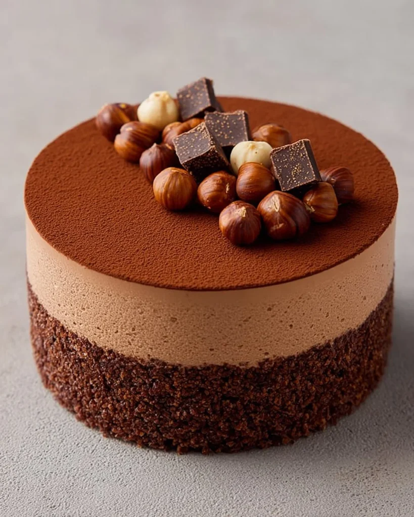 Chocolate coffee cake topped with hazelnut mousse on a white plate.