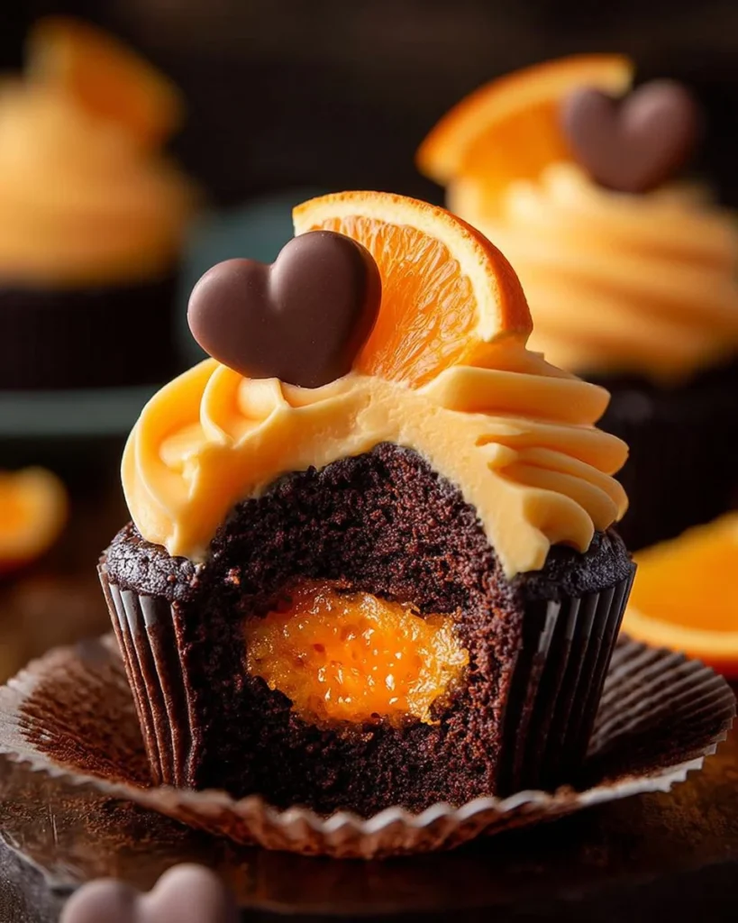 Delicious Chocolate Orange Cupcakes with Orange Ganache Filling on a decorative platter