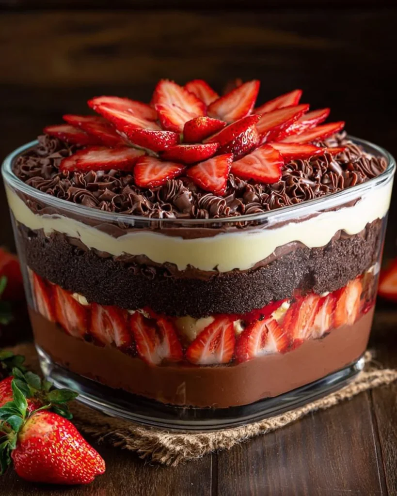 Delicious Chocolate Strawberry Dessert layered with rich chocolate and fresh strawberries