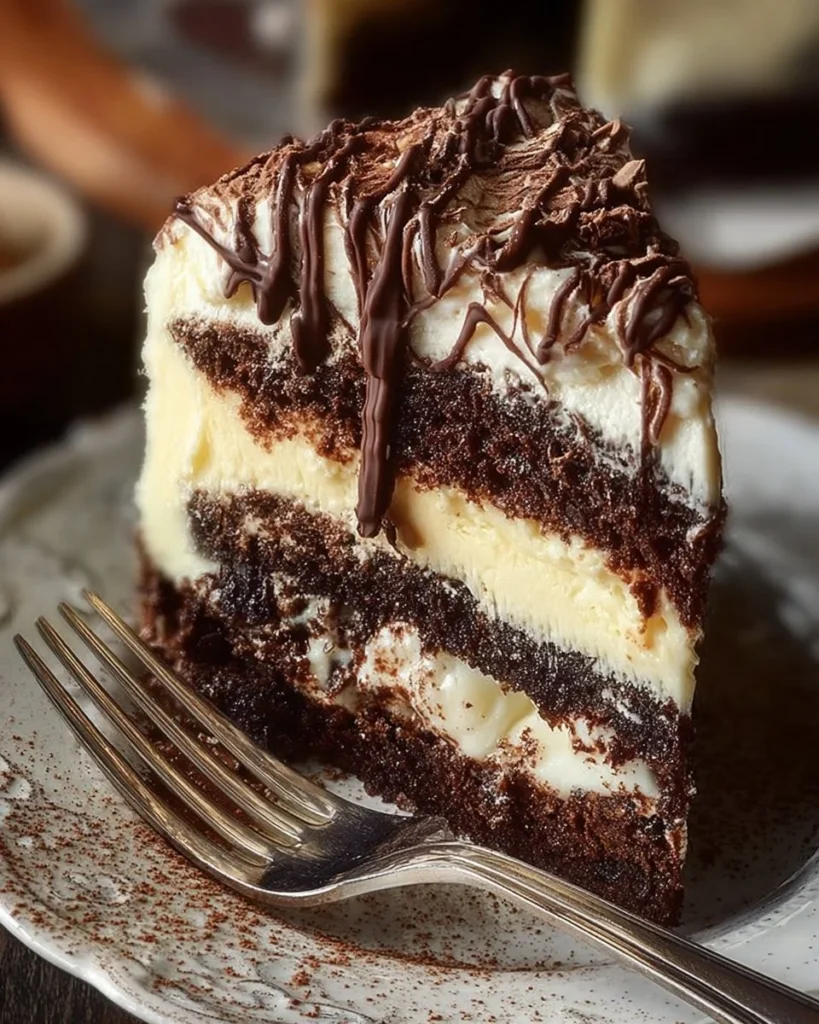 Chocolate and vanilla cream layer cake with rich frosting and decorative layers