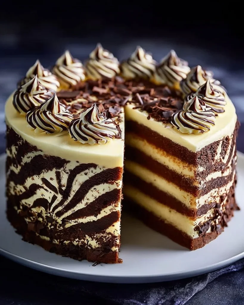 Slice of Chocolate-and-Vanilla Zebra Cake with striped layers