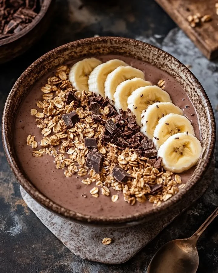 Chocolate Banana Smoothie Bowl topped with fresh fruits and nuts