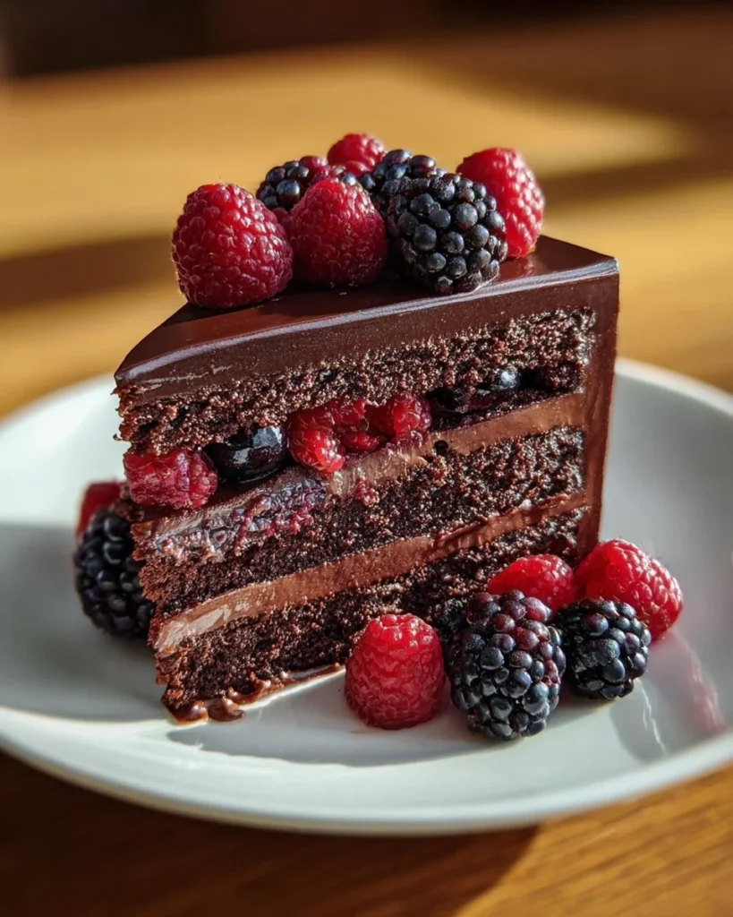 Delicious Chocolate Berry Cake topped with fresh berries and chocolate drizzle