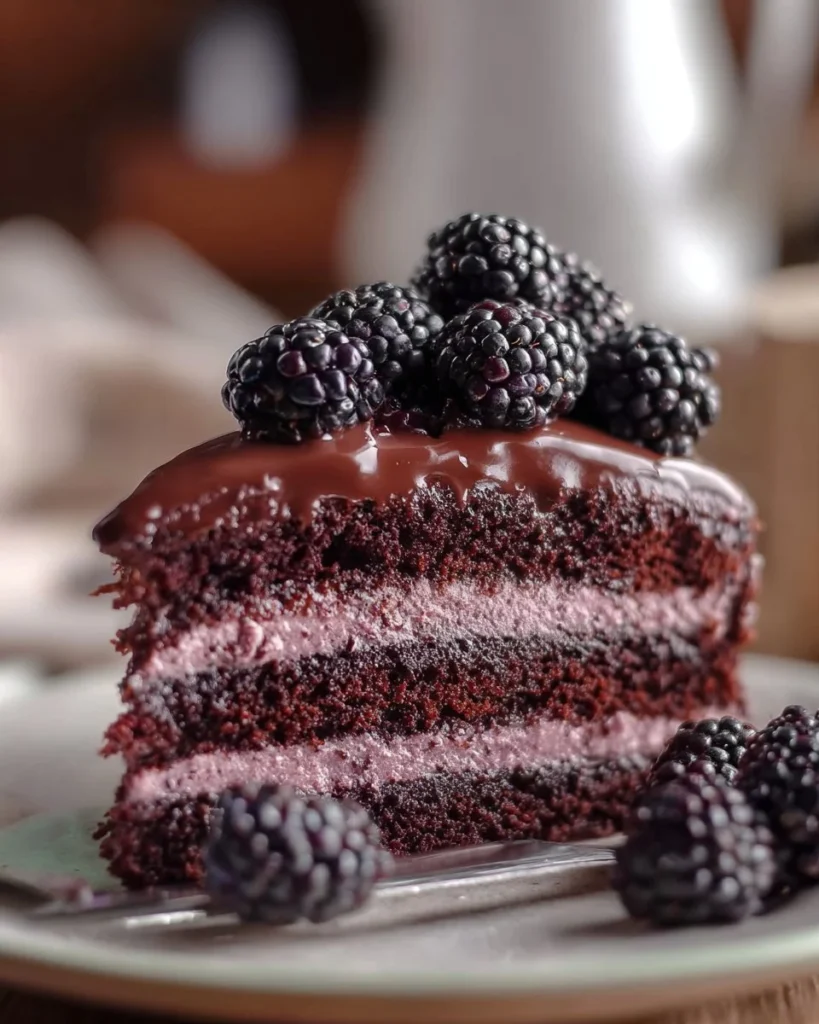 Delicious slice of Chocolate Blackberry Cake topped with fresh blackberries