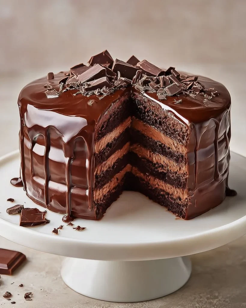 Delicious Chocolate Bliss Cake topped with chocolate ganache and fresh berries.