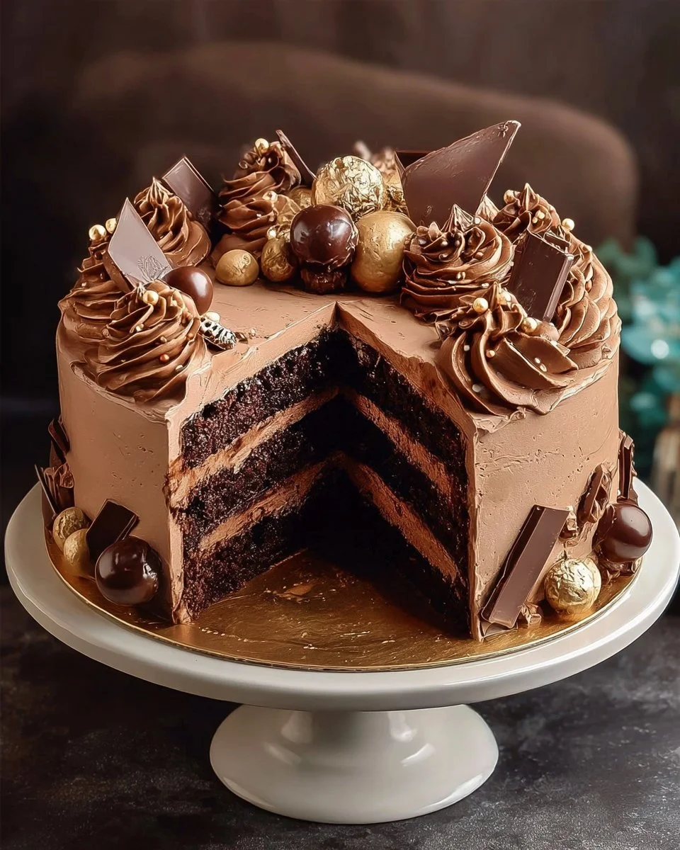Delicious Chocolate Bon Cake decorated with chocolate ganache and berries.
