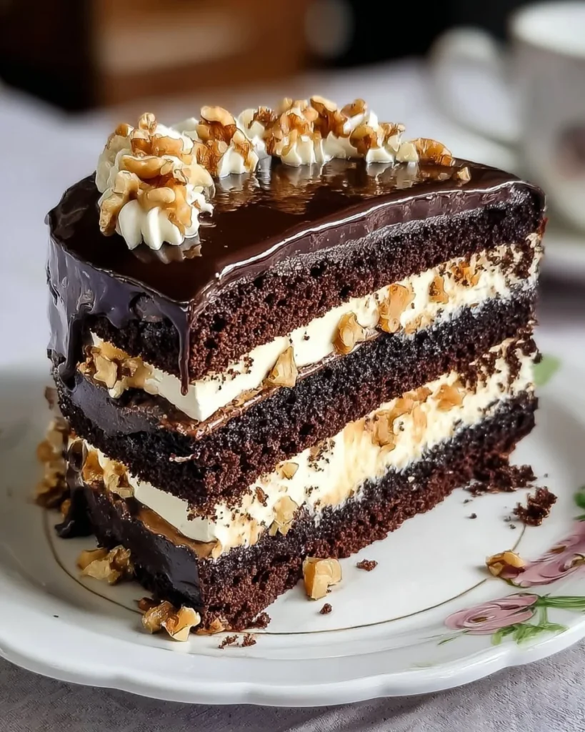 Delicious chocolate brownie cake topped with chocolate ganache