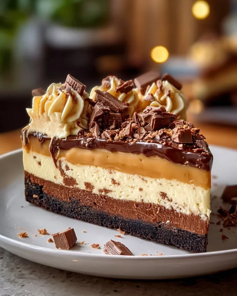 Delicious Chocolate-Butterfinger cheesecake topped with chocolate drizzle and crushed candy