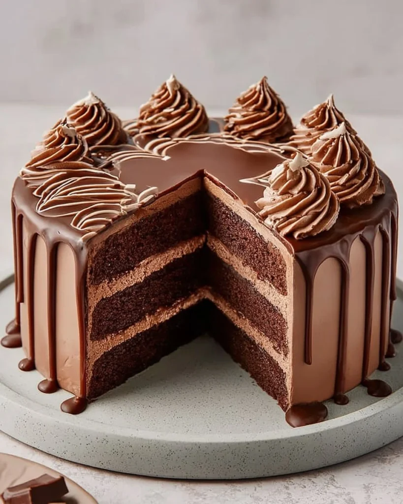 Delicious homemade chocolate cake topped with chocolate frosting and sprinkles.