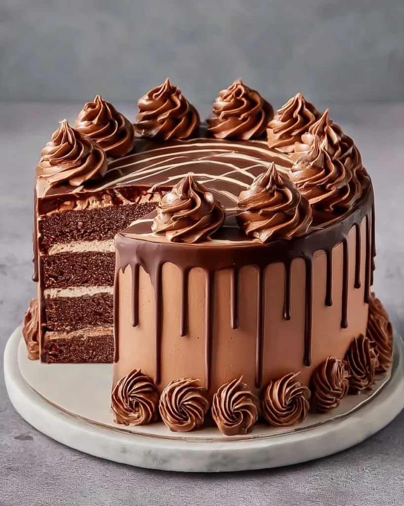 Deliciously rich chocolate cake topped with creamy frosting.