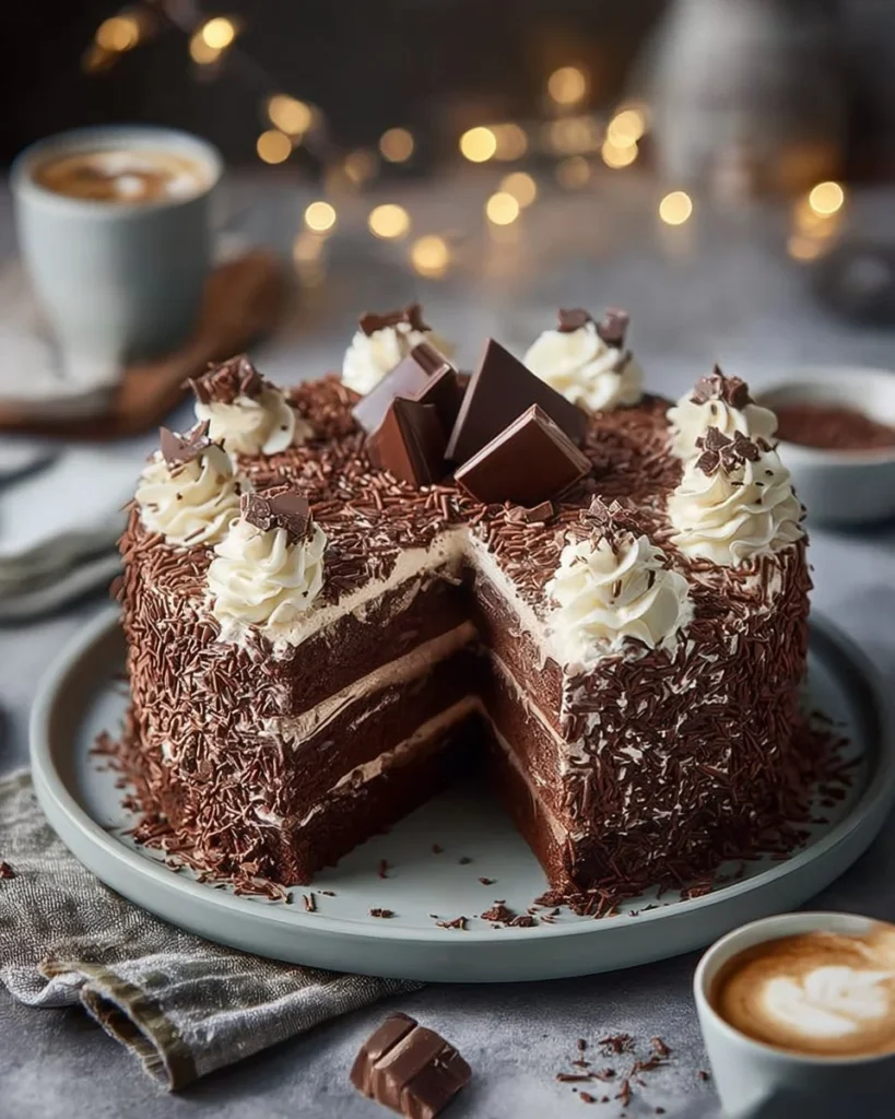 Delicious chocolate cake topped with frosting and sprinkles.
