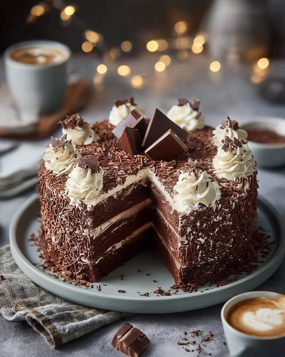 Delicious chocolate cake topped with frosting and sprinkles.
