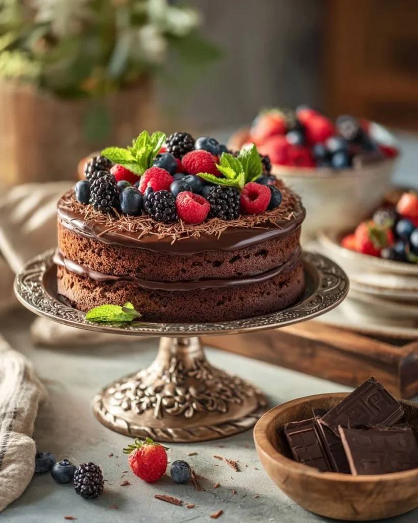 Delicious chocolate cake with rich frosting and chocolate decorations