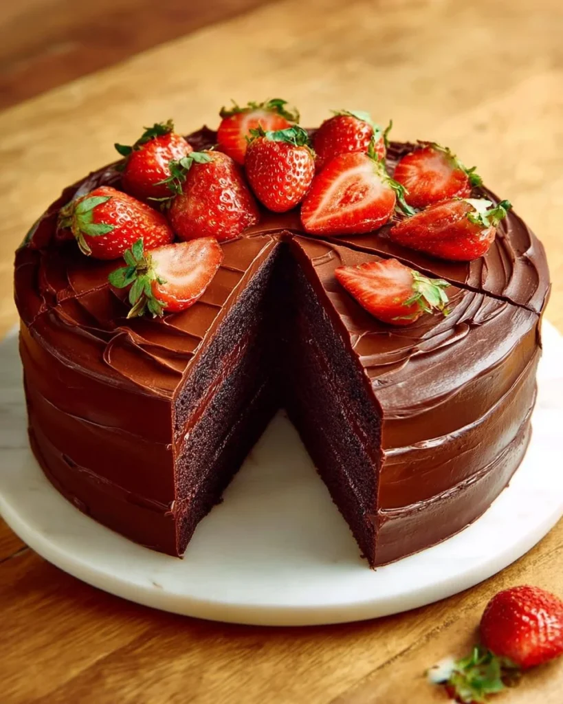 Delicious homemade chocolate cake with rich frosting and decorations