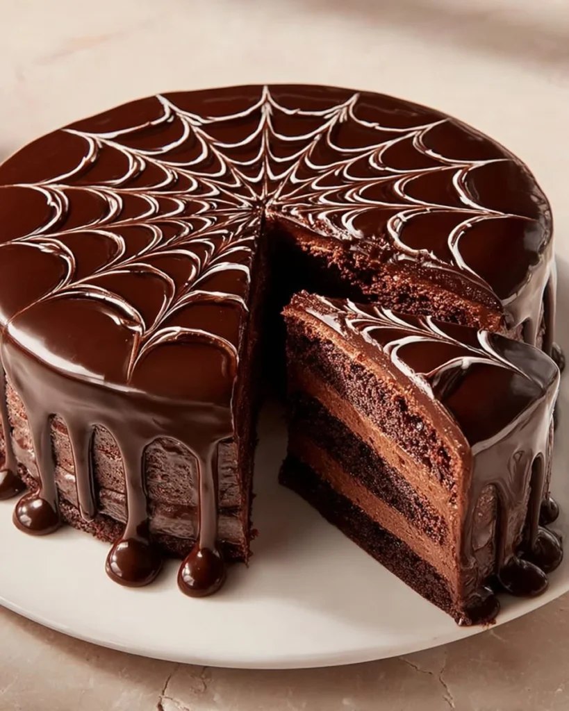 Delicious chocolate cake topped with rich chocolate frosting