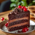 Delicious slice of Chocolate Cake Delight topped with chocolate frosting and sprinkles.