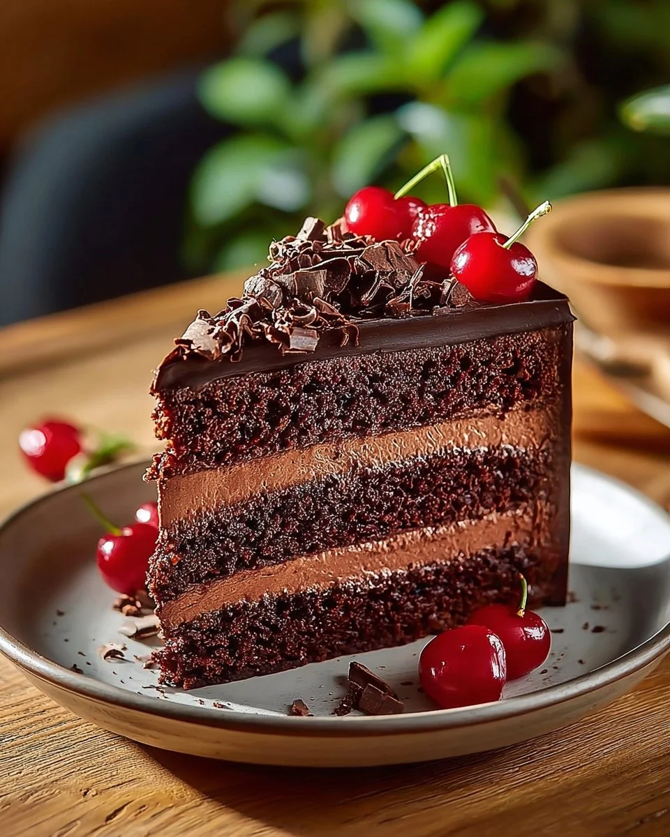 Delicious slice of Chocolate Cake Delight topped with chocolate frosting and sprinkles.
